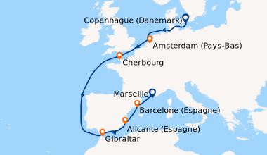 Itinéraire de la croisière Copenhague (Danemark), En mer, Amsterdam (Pay...