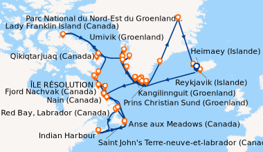 Itinéraire de la croisière Reykjavik (Islande), Heimaey (Islande), Heima...