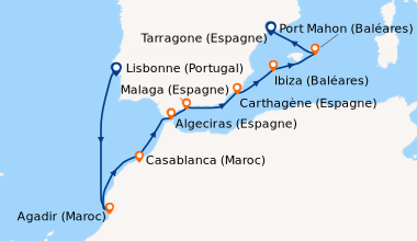 Itinéraire de la croisière Lisbonne (Portugal), En mer, Agadir (Maroc), ...