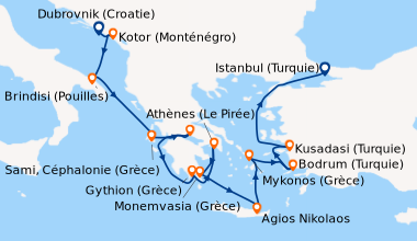 Itinéraire de la croisière Dubrovnik (Croatie), Kotor (Monténégro), Brin...