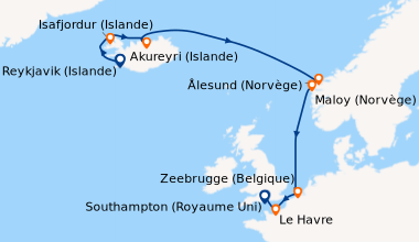 Itinéraire de la croisière Reykjavik (Islande), Isafjordur (Islande), Ak...