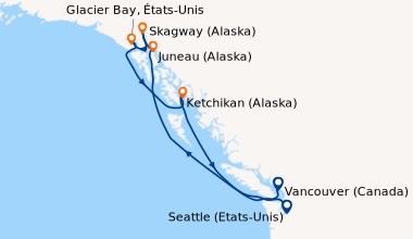 Itinéraire de la croisière Seattle (Etats-Unis), En mer, Juneau (Alaska)...