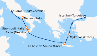 Itinéraire de la croisière Istanbul (Turquie), En mer, Mykonos (Grèce), ...
