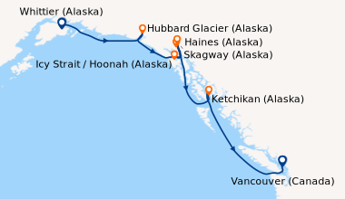 Itinéraire de la croisière Whittier (Alaska), Hubbard Glacier (Alaska), ...