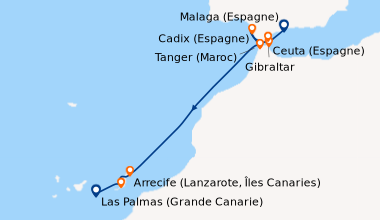 Itinéraire de la croisière Malaga (Espagne), Ceuta (Espagne), Gibraltar ...