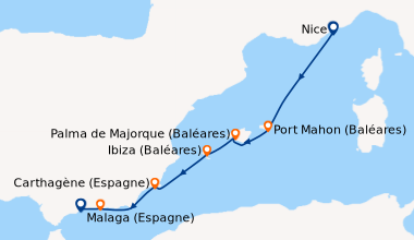Itinéraire de la croisière Nice, En mer, Port Mahon (Baléares), Palma de...