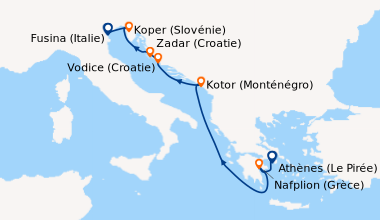 Itinéraire de la croisière Athènes (Le Pirée), Nafplion (Grèce), En mer,...