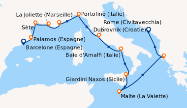 Itinéraire de la croisière Barcelone (Espagne), Palamos (Espagne), Sète,...