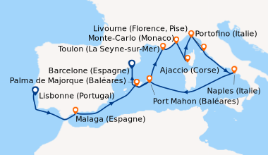 Itinéraire de la croisière Lisbonne (Portugal), En mer, Malaga (Espagne)...