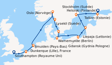 Itinéraire de la croisière Southampton (Royaume Uni) , Dunkerque (Lille)...