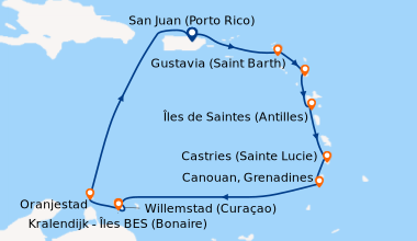 Itinéraire de la croisière San Juan (Porto Rico), Gustavia (Saint Barth)...