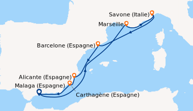 Itinéraire de la croisière Espagne, France, Italie
