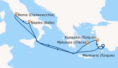 Itinéraire de la croisière Marmaris (Turquie), En mer, Naples (Italie), ...