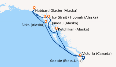 Itinéraire de la croisière Seattle (Etats-Unis), En mer, Juneau (Alaska)...
