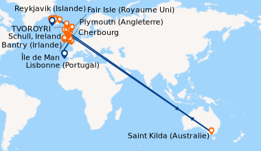 Itinéraire de la croisière Lisbonne (Portugal), En mer, En mer, Cherbour...