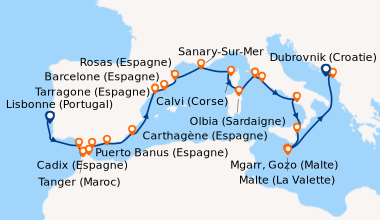 Itinéraire de la croisière Lisbonne (Portugal), En mer, Cadix (Espagne),...