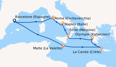 Itinéraire de la croisière Barcelone (Espagne), En mer, Malte (La Valett...