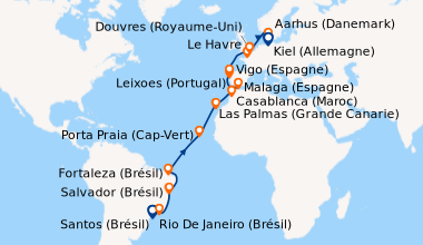 Itinéraire de la croisière Brésil, Canaries, Maroc, Espagne, Portugal, France, Grande-Bretagne, Danemark, Allemagne