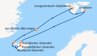 Itinéraire de la croisière Reykjavik (Islande), Isafjordur (Islande), En...