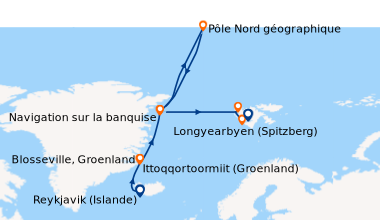 Itinéraire de la croisière Le pôle Nord géographique et côte est du Groenland