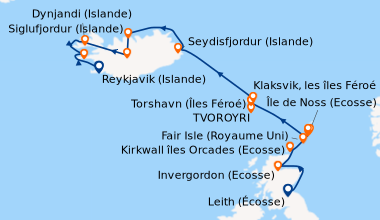 Itinéraire de la croisière Leith (Écosse), Invergordon (Ecosse), Kirkwal...