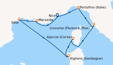 Itinéraire de la croisière En mer, Marseille, Sète, En mer, Alghero (Sar...