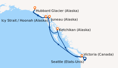 Itinéraire de la croisière Seattle (Etats-Unis), En mer, Juneau (Alaska)...