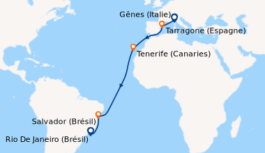 Itinéraire de la croisière Gênes (Italie), En mer, Tarragone (Espagne), ...