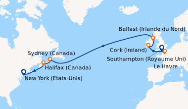 Itinéraire de la croisière Southampton (Royaume Uni) , Le Havre, En mer,...