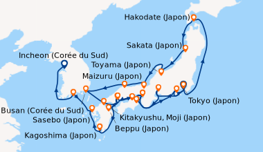 Itinéraire de la croisière Tokyo (Japon), En mer, Hakodate (Japon), Saka...