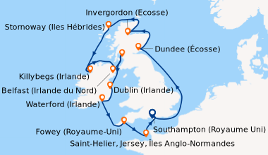 Itinéraire de la croisière Southampton (Royaume Uni) , En mer, Dundee (É...