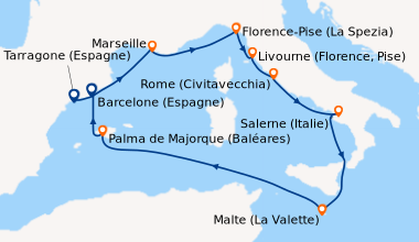 Itinéraire de la croisière Tarragone (Espagne), Marseille, Florence-Pise...