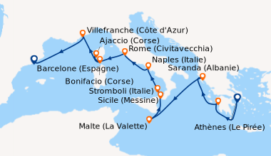 Itinéraire de la croisière Athènes (Le Pirée), Olympie (Katakolon), Sara...