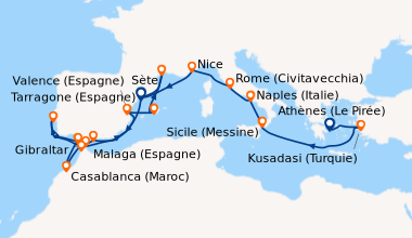 Itinéraire de la croisière Athènes (Le Pirée), Kusadasi (Turquie), Sicil...