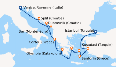 Itinéraire de la croisière Istanbul (Turquie), Kusadasi (Turquie), Santo...