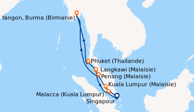 Itinéraire de la croisière Singapour, Kuala Lumpur (Malaisie), Penang (M...