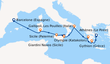 Itinéraire de la croisière Athènes (Le Pirée), Gythion (Grèce), Olympie ...