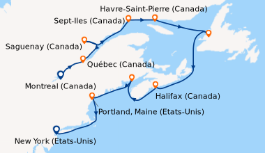 Itinéraire de la croisière Montreal (Canada), Québec (Canada), Saguenay ...