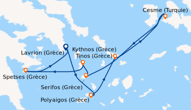 Itinéraire de la croisière La Grèce méridionale, dans le sillage du Ponant