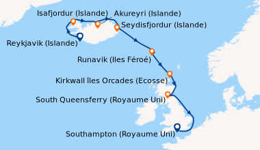 Itinéraire de la croisière Reykjavik (Islande), Isafjordur (Islande), Ak...