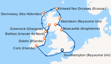 Itinéraire de la croisière Southampton (Royaume Uni) , En mer, Cork (Ire...