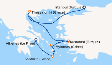 Itinéraire de la croisière Athènes (Le Pirée), Santorin (Grèce), Mykonos...