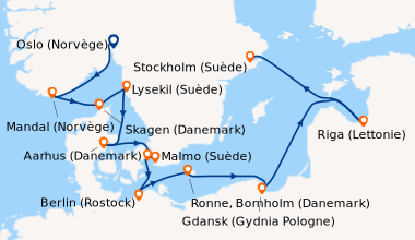 Itinéraire de la croisière Oslo (Norvège), Mandal (Norvège), Thessalonik...