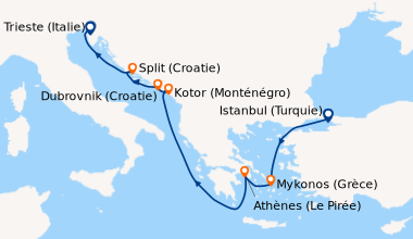 Itinéraire de la croisière Istanbul (Turquie), Mykonos (Grèce), Athènes ...