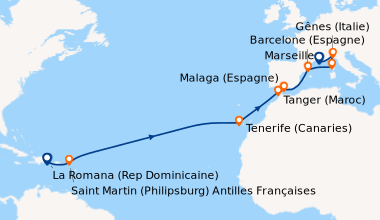 Itinéraire de la croisière Transatlantique : de Pointe à Pitre à Marseille