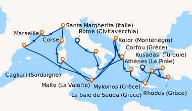 Itinéraire de la croisière Athènes (Le Pirée), Mykonos (Grèce), Rhodes (...