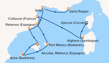 Itinéraire de la croisière En mer, Ajaccio (Corse), Alghero (Sardaigne),...