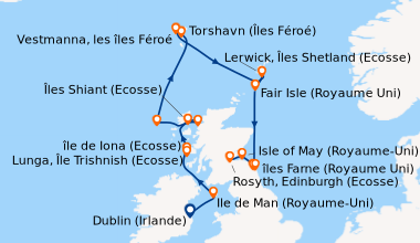 Itinéraire de la croisière Dublin (Irlande), Ile de Man (Royaume-Uni), L...
