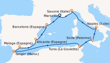 Itinéraire de la croisière France, Italie, Tunisie, Maroc, Espagne