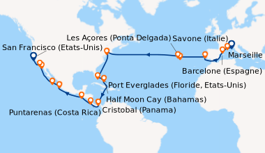 Itinéraire de la croisière Italie, France, Espagne, Portugal, Açores, États-Unis, Floride (USA), Mexique, États-Unis